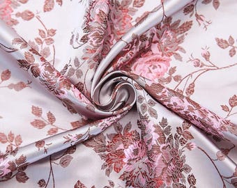 Shiny Silk Brocade Fabric Rose Flower Design, Jacquard Fabric , 45&quot; W Chinese Silk Fabric By 1 Meter on SALE, Upholstery, Quilting, Sewing