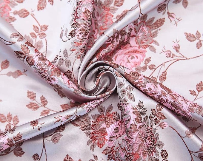 Shiny Silk Brocade Fabric Rose Flower Design, Jacquard Fabric , 45" W Chinese Silk Fabric By 1 Meter on SALE, Upholstery, Quilting, Sewing