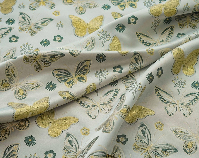59"W gold Thread beige jacquard Fabric/Decor costume dress satin fabric, Upholstery, Quilting and Sewing fabric, butterfly, DIY/Fabric