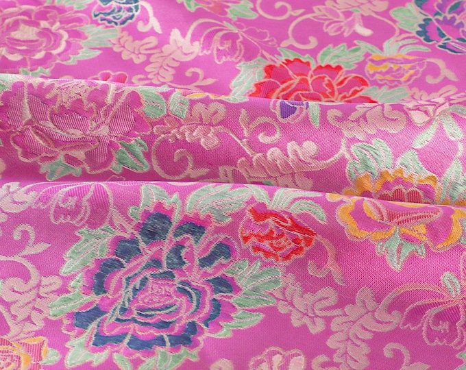 Gold thread hot pink song Nishijin Fabric, Japanese Kimono flower brocade by the meter, 59“W, Upholstery, Decor, Costume, DIY/by the meter