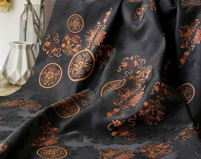 65"W Black cloud yarn flower dill botanical print fabric, Upholstery, Decor, Costume, Curtain, Handbag, Sewing, drapery/Fabric by the meter