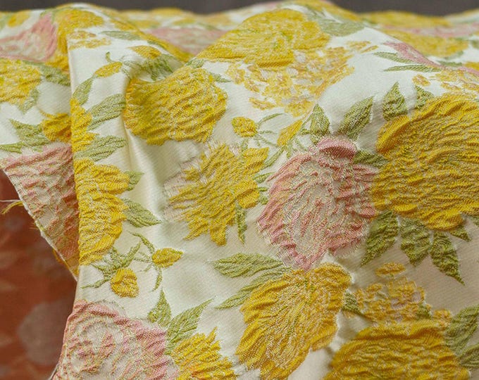 3D French Country Embossed Pink Yellow Rose Jacquard Fabric – Floral Upholstery & Dress Textile, 49"Wide