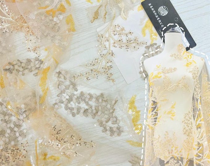50“W Lace Fabric Embroidery Exquisite 3D flower sequins fabric by yard, Headband, Prom, Qipao, Doll Making, Sewing, DIY, Costume/ fabric