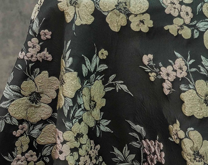 55“W yellow pink flower jacquard Fabric, 3D effect, curtain, dress, Doll Making, Upholstery, Decor, Costume, Wrapping/Fabric by 1 meter