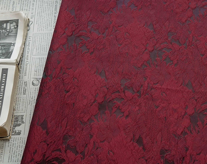 Luxurious Vintage Dark Red 3D Floral Woven Jacquard Fabric, 58"Wide
