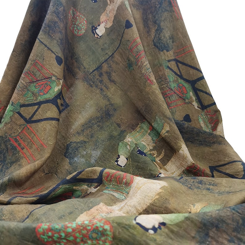 Chinoiserie Tencel-tyg på metervara: Asiatiska damer, sömnadsscen, heminredning bild 7