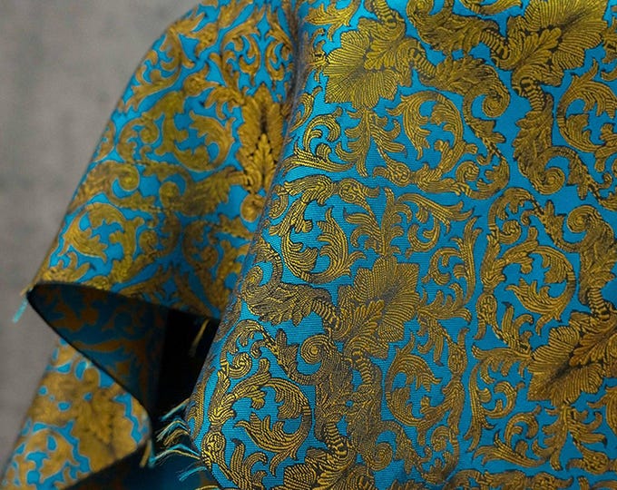 Blue & Gold Floral Jacquard Fabric: European Palace Style, 59" Wide