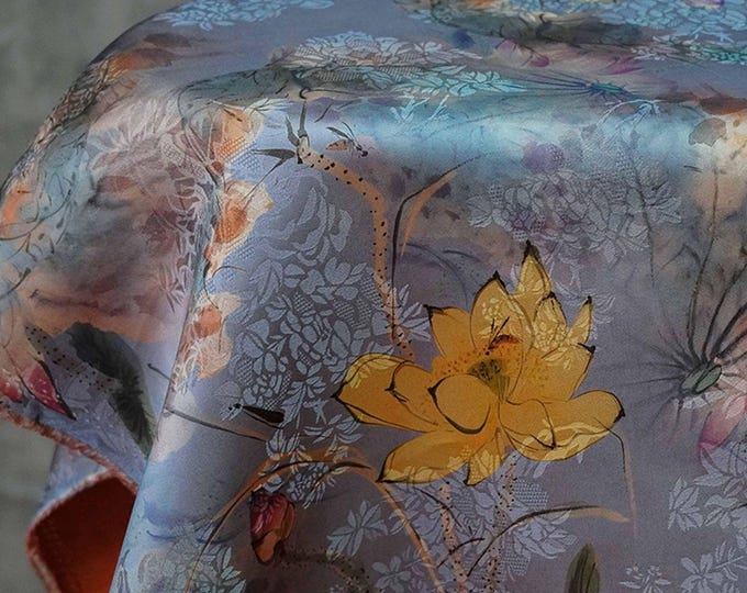 55"W Lotus flower Tea silk satin fabric, Digital print, Sewing fabric, Upholstery, Decor, Costume, Curtain, bag, DIY, Doll making/Fabric