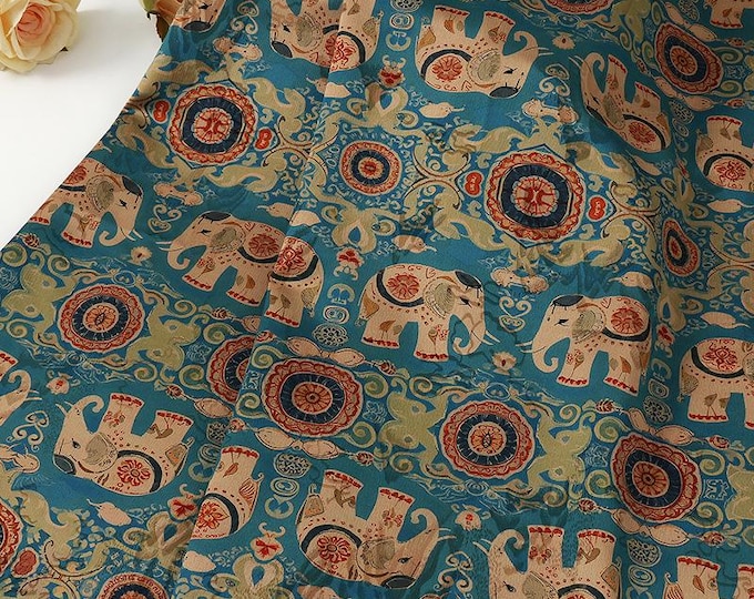 59"W Lucky Elephant Tea silk satin fabric, Digital print, dark green Upholstery, Decor, Costume, Curtain, bag, Sewing, drapery, DIY/Fabric