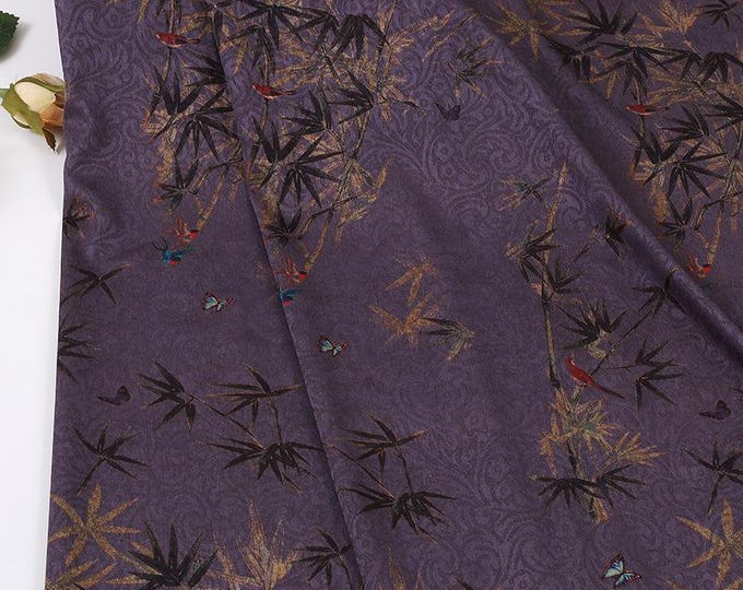 Red Peony & Bamboo Leaf Printed Chiffon Fabric – Elegant Flowing Material, 59"Wide