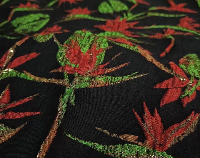 Black Embossed Jacquard Fabric: Gold Thread Yarn-Dyed Design, 55"W