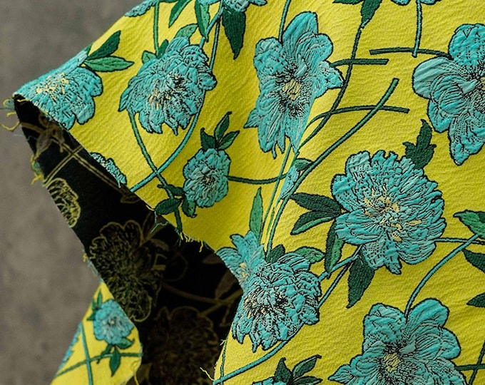 Reversible jacquard woven fabric, 3D blue yellow floral with embossed effect, Upholstery, Costume, Sewing DIY fabric, 53"W By 1 yard