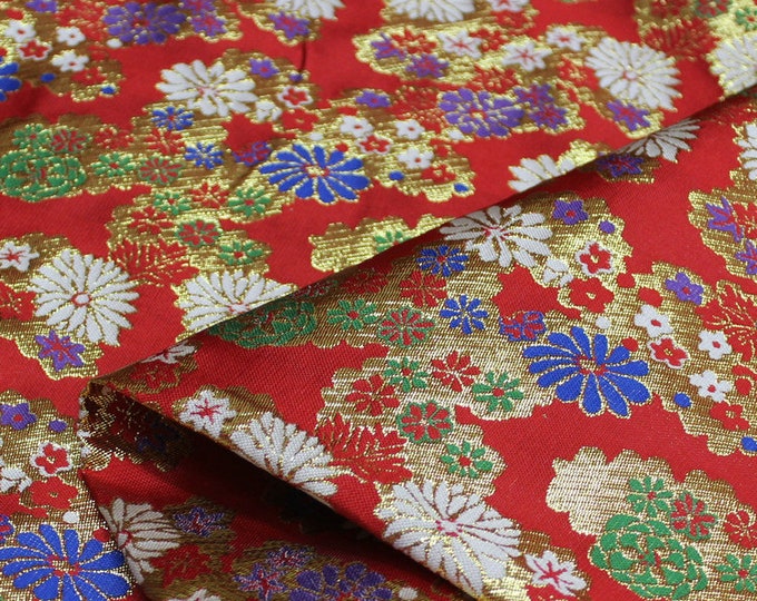 Japanese Fabric, Modern Japanese Floral Jacquard silk brocade by meter, 59” Width, Gold and silver thread Woven Damask fabric On SALE