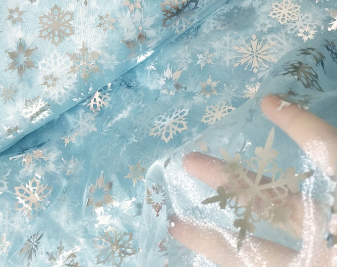 59"W hot-stamping Organza see-through wedding dress Fabric, Christmas Snow Gauze Designer Fabric, high-density encryption elastic Blue White