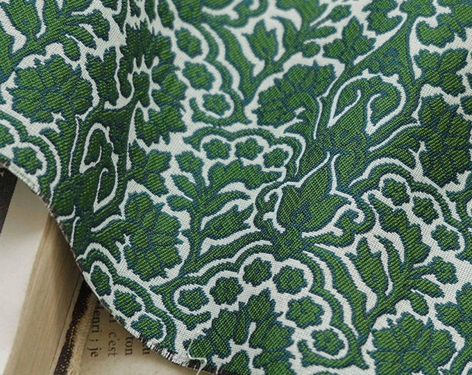 Reversible jacquard woven fabric, green flowers with embossed effects, Upholstery, bedding, Costume, Curtain, handbag, kimono/Fabric, 55"W