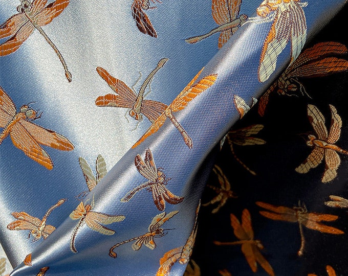 Chinese Elegant Dragonfly Floral 29.5"W Brocade Jacquard fabric, Upholstery, Decor, Costume, Curtain, Handbag, Sewing/Fabric by the meter