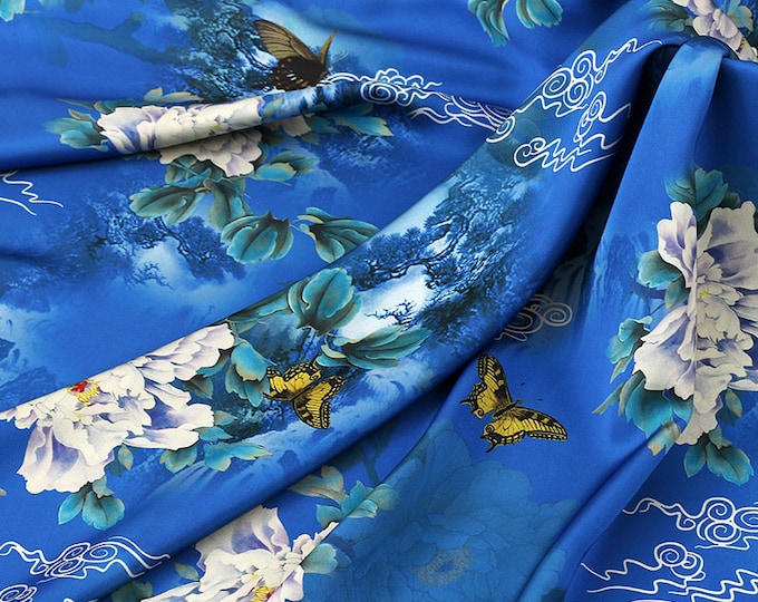 59"W ink painting butterfly flower dill botanical print fabric, Shawl, Upholstery, Decor, Costume, Curtain, Handbag, Sewing/Fabric by 1meter