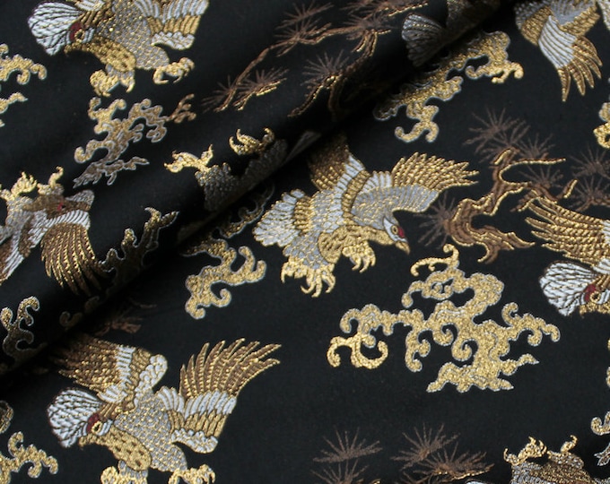 Japanese Silk Brocade Fabric: Ancient Totem Eagle Design, 29.5" Wide