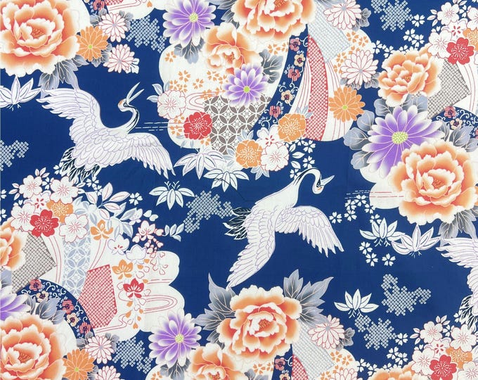 Japanese Printed Fabric, 100% 40s Cotton, crane flower, Sewing, Dress, Kimono, home decor, Upholstery, Costume, bag/Fabric by one meter