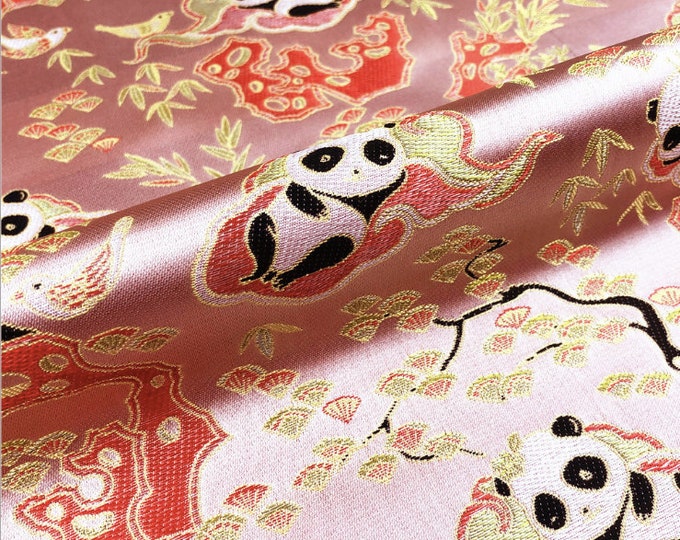 59" Width Cute Panda Brocade Satin Fabric With Bamboo Leaves| Chinese Style Home Decor, Chinese Sewing Brocade for Kids, Dolls, Sewing