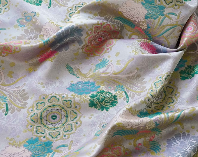 67"W beige Song Brocade Japanese Phoenix Silk Brocade, Emperor Tibetan robe, cheongsam, spinning Fabric, silk rayon sewing, Quilting, DIY