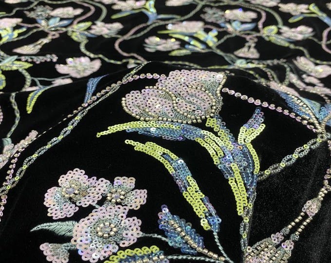 43"W Velvet Embroidery Fabric for Women's Coats, Skirts & Evening Dresses – Beaded Pillar Design, Designer Fabric, Decor, wedding, Doll