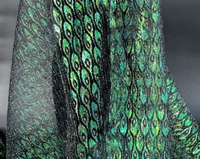59“W Colorful Laser Peacock Feather Mesh Fabric, see through lace fabric, designer fabric, Prom Dress, Doll Making, Sewing, DIY, garment