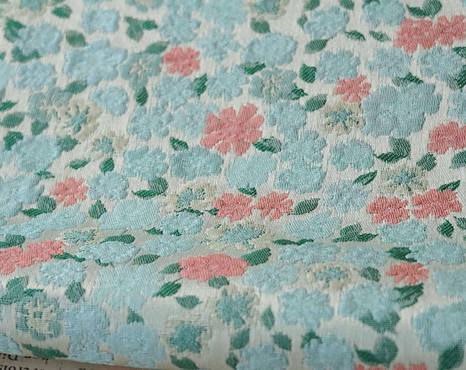 63"W blue relief pink flower Jacquard Fabric| Chinese Style Home Decor, Dolls, Sewing, Upholstery, drapery, Quilting and Sewing fabric