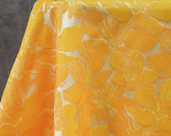 Orange Yellow 3D Embossed Floral Jacquard Fabric – Decorative Upholstery, Curtain, Dressmaking, Fashion Textile, 60"Wide