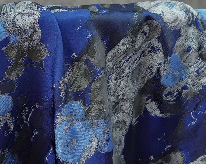 Blue Floral Brocade Fabric: Ink Painting Design, 60" Wide