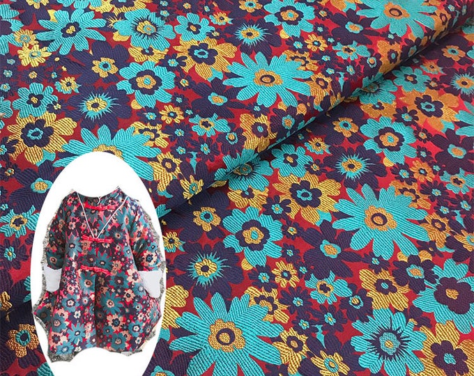 59"W Sun Flower Blooming Silk Brocade Fabric | 25.99 Full Meter Price | Spendid Elegant Chinese Brocade Clearance