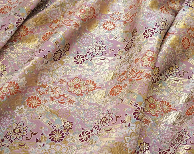 Japanese Fabric, gold thread auspicious flower pattern Jacquard brocade by meter, 60” Width, Woven Damask kimono fabric, Upholstery & Sewing