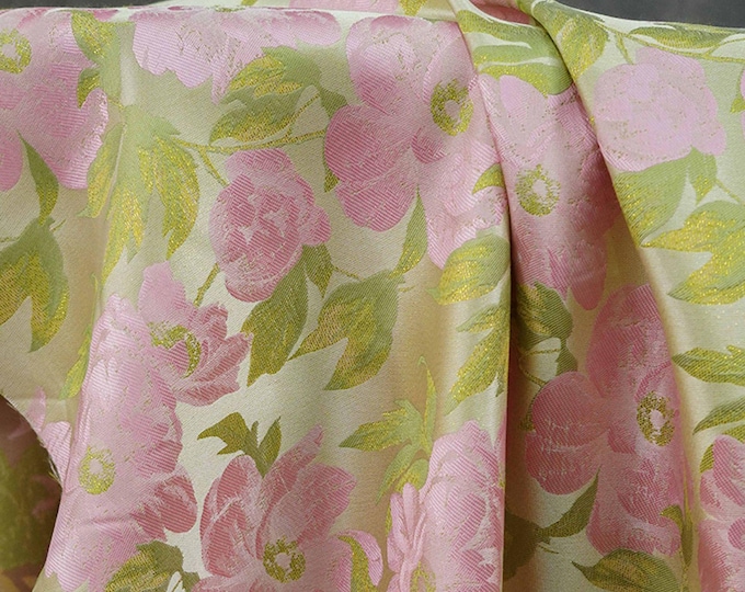 Romantic French Floral Jacquard Fabric with Gold Threads, 65"Wide