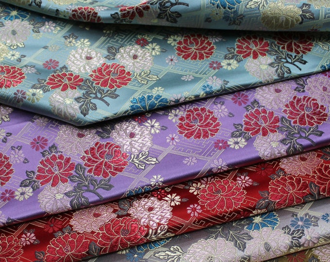 Japanese Fabric, Modern Japanese Floral Jacquard silk brocade by the meter, 29.5” Width, 5 colors On SALE