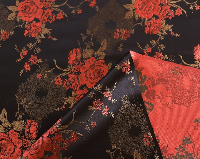 29.5"W Chinese Traditional Flower Damask, Silk Brocade Fabric, Upholstery, Decor, Costume, Curtain, Handbag, Sewing/Fabric by the meter