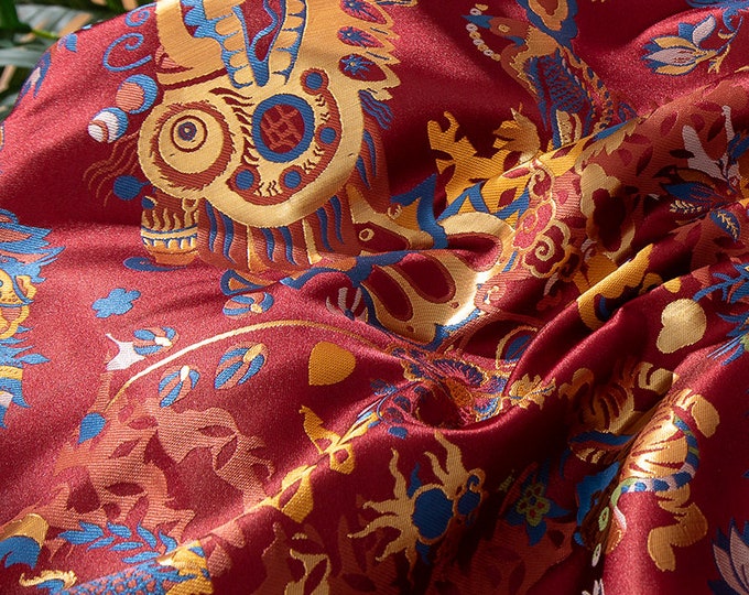 55"W Silk Brocade Fabric dancing dragon, Upholstery, Decor, Costume, Curtain, Handbag, Sewing, drapery, doll making/Fabric by one meter