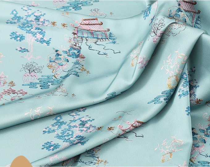 59"W ancient paintings silk satin fabric, Digital print, 2 colors, Upholstery, Decor, Costume, Curtain, Handbag, Sewing, Shawl/Fabric
