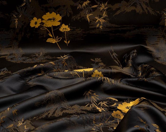 59"W Nishijin woven gold thread brocade, Jacquard Gold flower silk brocade by the yard, Waistband, handbag, Upholstery, Sewing fabric