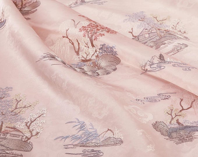 59”W Light pink embroidery Flower Damask fabric by the Meter, Dress, Curtains, Drapery, Upholstery, Sewing, Cheongsam, shoes, suits/fabric