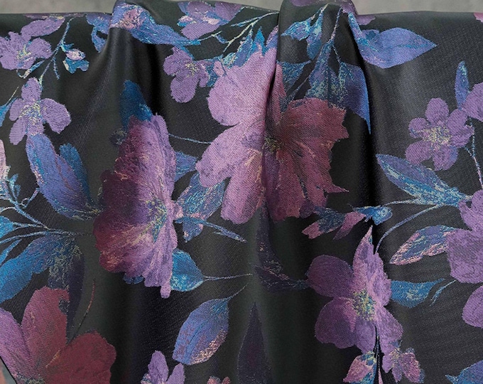Vintage-Style Black Fabric with Purple Floral Woven Pattern, 57"Wide