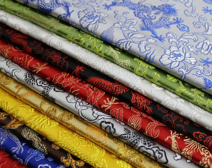 Dragon & Flower Brocade Fabric: Multi-Color Silk Rayon Blend, 29.5" Wide