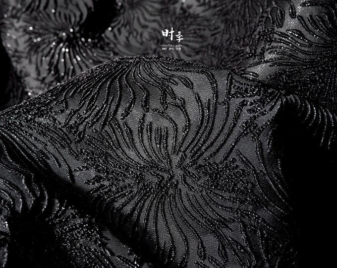 Black Spider Lily Jacquard Fabric | Embossed 3D Floral Brocade, 52" Wide
