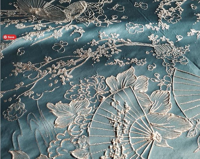 Lotus Fan Embossed Jacquard Fabric with Gold Thread, 58" Wide