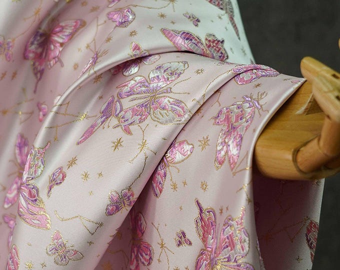 59"W China Pink Silk Brocade Butterfly Floral Chinese Traditional Wedding Jacquard fabric, Upholstery, drapery, Quilting and Sewing