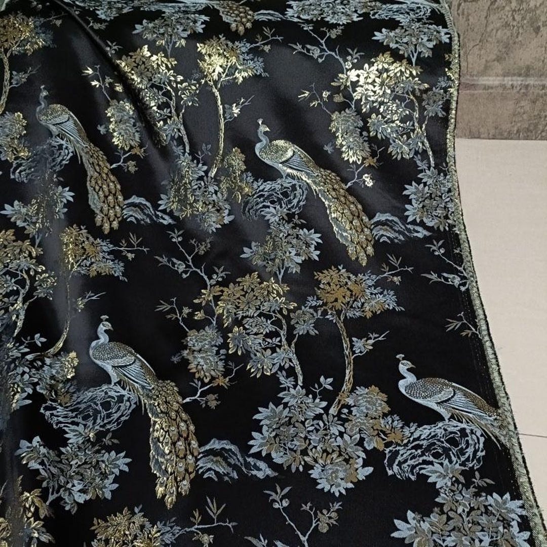 57“W Embroidery Peacock Gold Thread Fabric, Jacquard Fabric, Designer ...