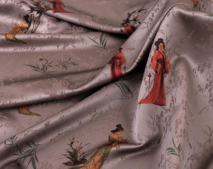 59"W Ancient lady pattern Damask silk fabric, Digital print, 2 colors, Sewing, Upholstery, Decor, Costume, Curtain, Handbag, Sewing/Fabric