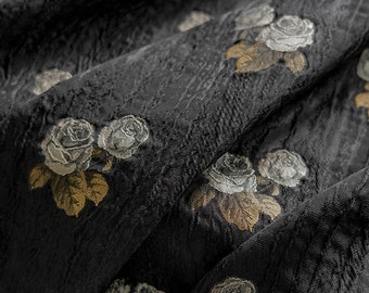 black embossed rose flowers fabric, texture crack style, designer fabric, 59"W, Upholstery, Decor, Costume, handbag, DIY/Fabric by the meter