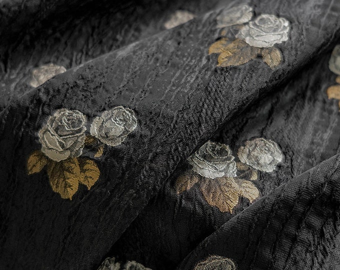 black embossed rose flowers fabric, texture crack style, designer fabric, 59"W, Upholstery, Decor, Costume, handbag, DIY/Fabric by the meter