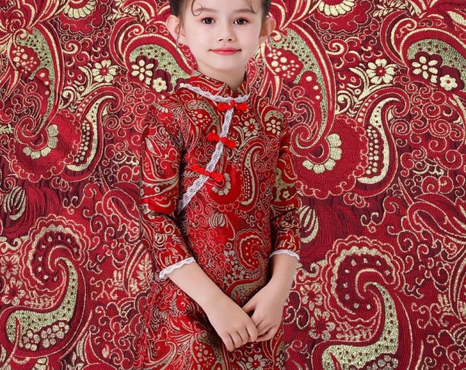 Gold silk yarn-dyed jacquard brocade fabric, Upholstery, Quilting and Sewing fabric, 57"W Chinese Fabric By 1 Meter on SALE, 7 colors