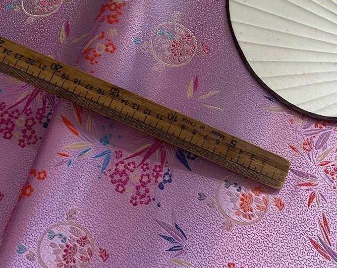 29.5"W Nishijin woven purple brocade, Jacquard flower and bamboo silk brocade by the meter, Waistband, handbag, Upholstery, Sewing fabric